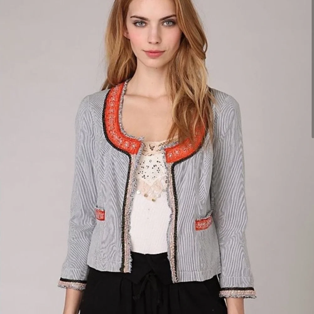 NWOT-Free People My Fair Lady embellished   trim blue pinstripe cropped jacket - Picture 2 of 9